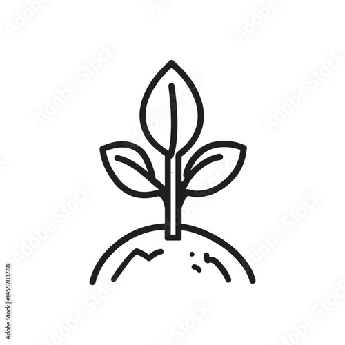 Sprout Icon on Mound with Leaves, Line Art Style, Transparent Background