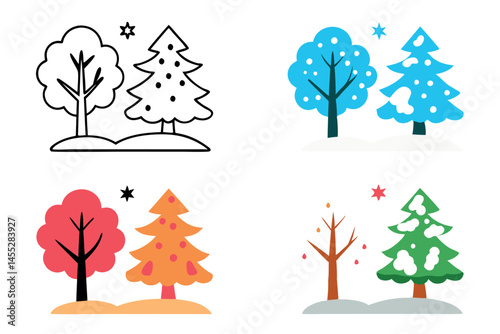 snowy winter landscape with frosty trees and a quiet frozen forest scene, peaceful nature view with snow covered ground icon set