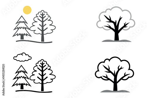 snowy winter forest with frosty pine trees, peaceful winter scene with snow covered terrain and clear skies icon set