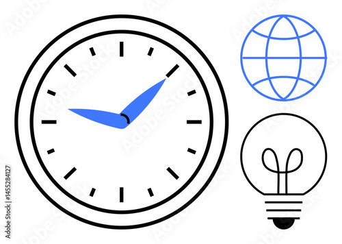 Clock with blue hands, light bulb, and globe outline emphasize time management, creativity, and global connection. Ideal for productivity, innovation, technology, globalization strategy learning