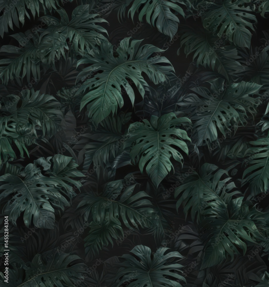 Fototapeta premium Intricate black and dark green tropical leaf pattern Exotic wallpaper design , wallpaper, modern, nature