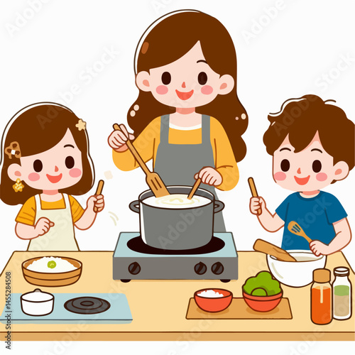 mother and child cooking vector illustration