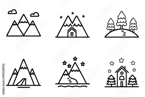 Scenic winter landscape with snow capped mountains and alpine village, serene holiday mood, icon set