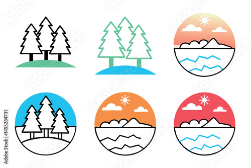 Winter scenery with a frozen lake, snow covered trees, and distant mountains, peaceful and tranquil, icon set