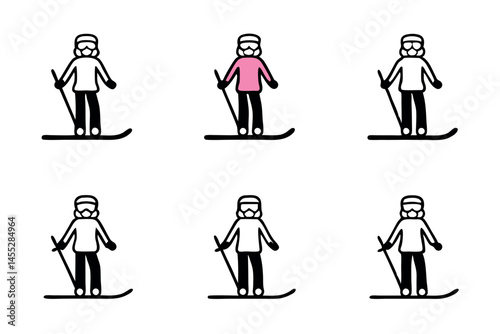 Woman skier in sportswear, pink jacket, black pants, enjoying skiing on a snowy mountain slope with ski poles, cold weather activity icon set