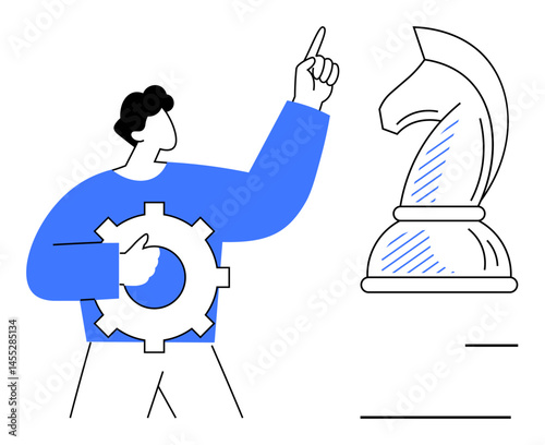 Man holds gear symbolizing planning while pointing at chess knight representing strategy. Ideal for business, leadership, problem-solving, development, innovation, collaboration, decision-making