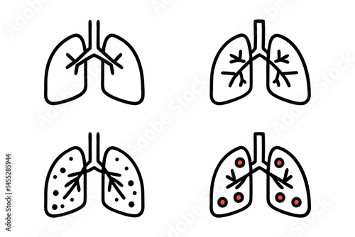 Chronic respiratory illness and lung infection symbolized by virus affecting the lungs, visualizing pulmonary complications medical virus icon set