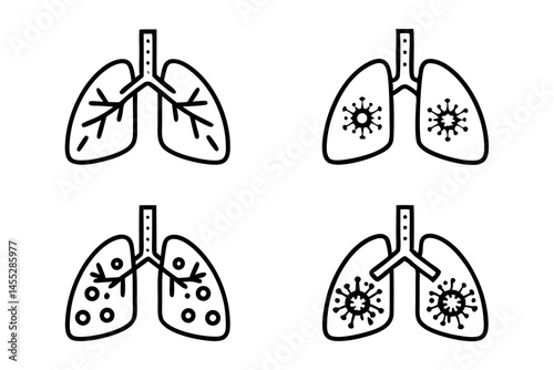 Virus infection in lungs, illustrating airflow obstruction and respiratory issues due to viruses in the lung tissue medical virus icon set