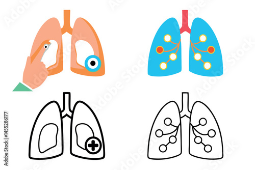 Medical illustration of lung cancer with tumor growth shown in the lungs, highlighting the impact of cancerous cells on respiratory health medical virus icon set