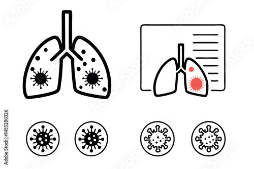 Medical illustration of respiratory virus infection affecting the lungs, causing inflammation and damage to the respiratory system, medical virus icon set