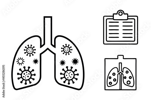 Medical icon set illustrating the progression of a respiratory virus affecting the lungs, causing severe damage and inflammation, medical virus icon set