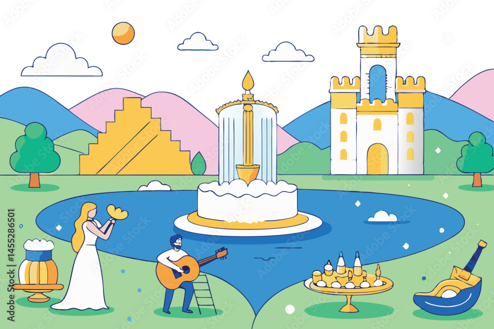 Fototapeta premium Colorful fantasy landscape with a fountain, musical instruments, and ancient castle illustration, showcasing whimsical scenery with cake and ceremony medical virus