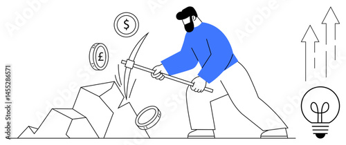 Worker breaking rocks using pickaxe to uncover currency coins. Ideal for finance, investment, economy, labor, innovation, profit goals, wealth strategies. Minimal flat simple metaphor