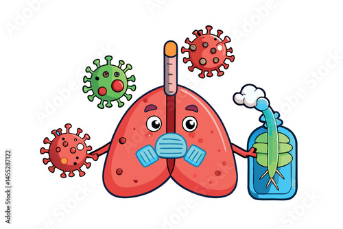 Doctor explaining lung disease with viruses attacking respiratory system, medical illustration of infection symptoms and treatment methods, medical virus
