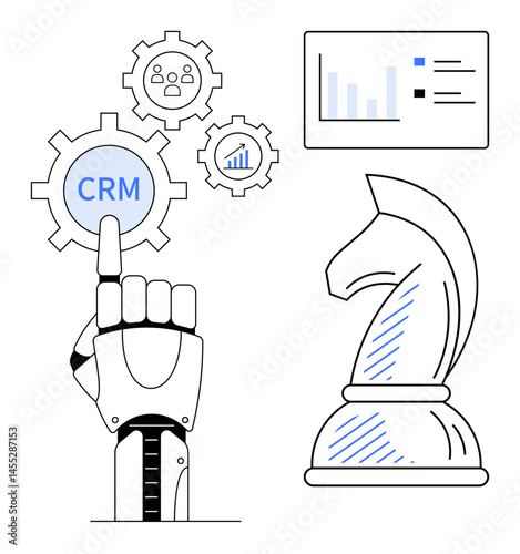 Robotic hand selects CRM gear surrounded by analytics and icons. Chess knight symbolizes strategic decision-making. Ideal for technology, CRM, automation, AI, strategy, business growth, innovation