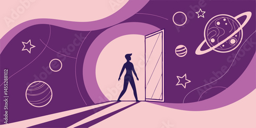 Person Stepping Through a Doorway to a Starry Cosmos: A Symbolic Vector Graphic for Branding and Design	