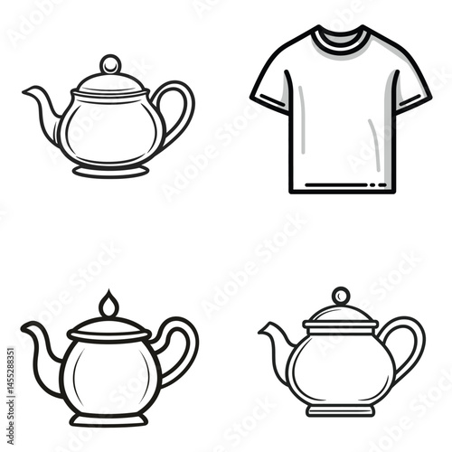 Teapot And TShirt Line Art Collection On Transparent Background, Outline Style