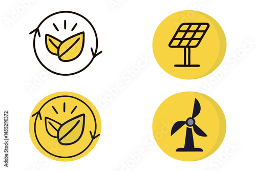 green leaf transitioning into eco friendly energy sources with wind turbine and solar panel icons green energy icon set