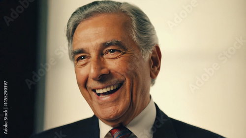 A happy, smiling senior businessman in a suit, with a confident and successful look on his face.