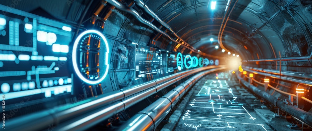 Naklejka premium Underground smart city construction with traditional touches; digital panels monitor utility systems in an advanced infrastructure project.