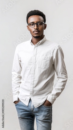 Portrait of young and confident Ethiopian man with modern casual style, hands in pockets, light background.