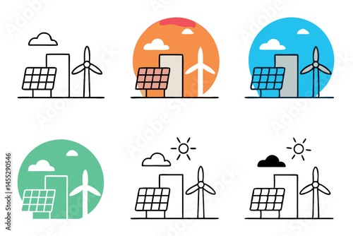 solar panels and wind turbines, promoting clean energy solutions green energy icon set
