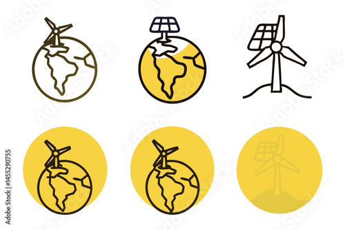 Earth icon with renewable energy symbols, representing the harmony between nature and technology green energy icon set