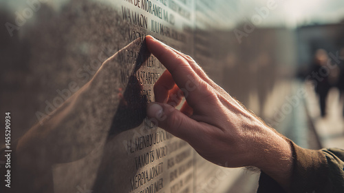 Vietnam memorial wall touching names remembrance tribute honor veterans day stone photo