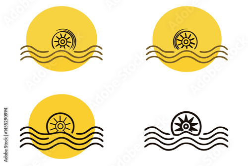wave and wind turbine fusion showcasing renewable ocean energy technology and environmental sustainability green energy icon set