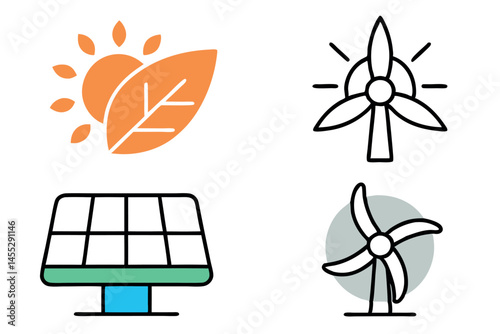 Three minimalist icons depicting renewable energy wind turbine, solar panel, and leaf symbolizing green technology green energy icon set