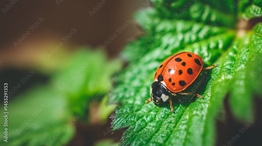 Fototapeta premium Ladybug beetle insect on leaf macro photography nature wildlife summer spring bug