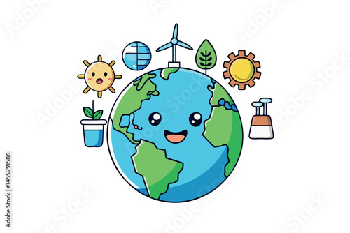 Earth depicted with renewable energy icons, including wind power, solar panels, and eco friendly buildings, emphasizing green energy solutions