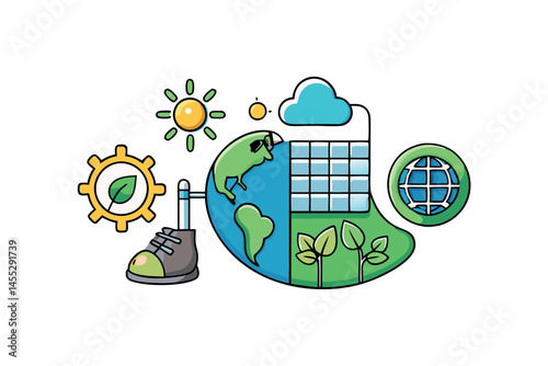 footprint combined with renewable energy symbols like solar, wind, and green technology, symbolizing eco consciousness