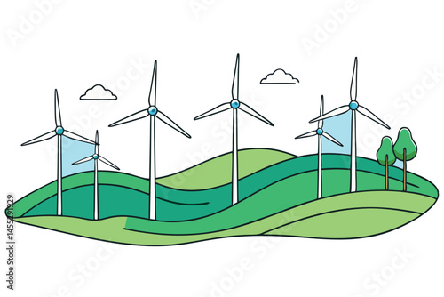 Clean energy concept with wind turbines in a serene landscape, emphasizing eco friendly power generation in nature