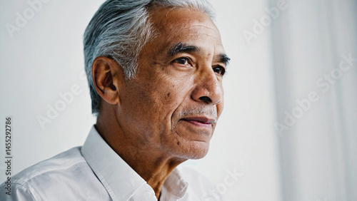 Thoughtful older man with gray hair looking into the distance