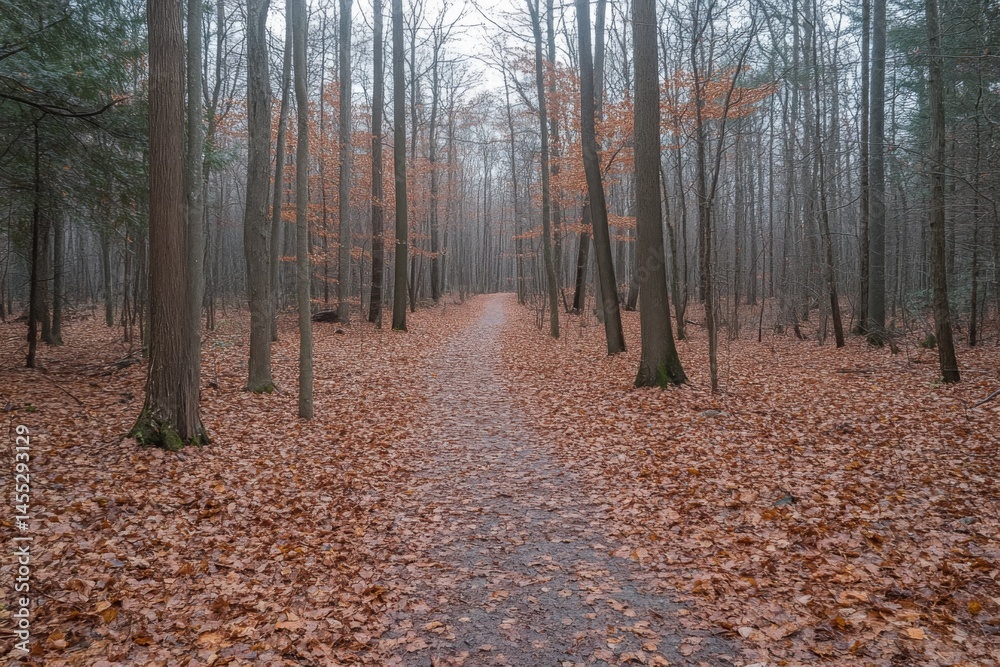Fototapeta premium Forest path covered with dry leaves surrounded by tall bare trees in autumn