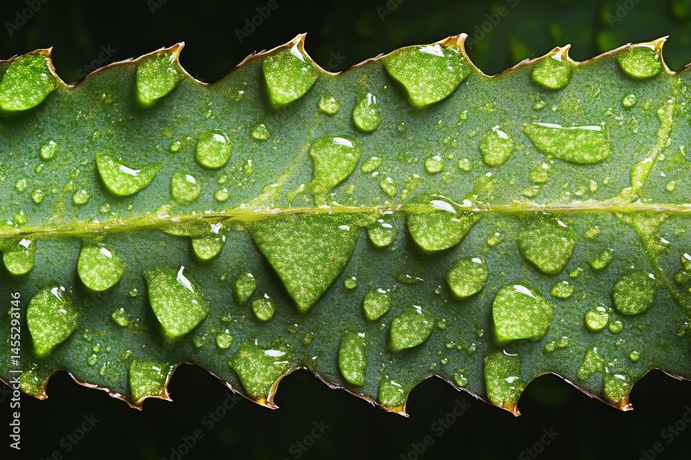Fototapeta premium Macro shot of a green leaf with raindrops forming symmetrical patterns