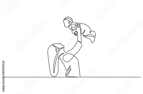Continuous one line drawing of Young mother hugs her little baby. Single line drawing illustration of Mother hugging baby. Loving mother concept vector art. Doodle line illustration.