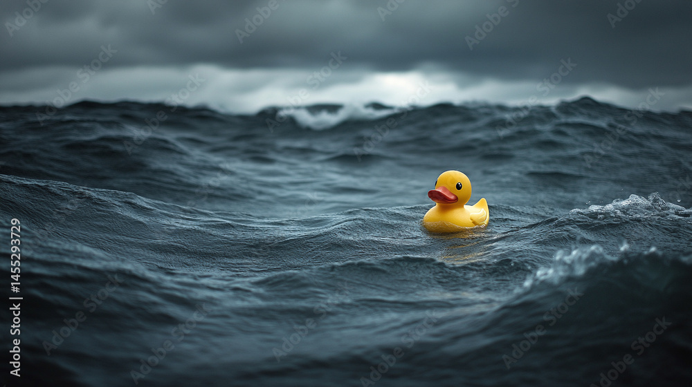 A lone rubber duck floats gently in the vast ocean, symbolizing childhood innocence, vulnerability, and resilience amidst the unpredictable and overwhelming forces of nature.