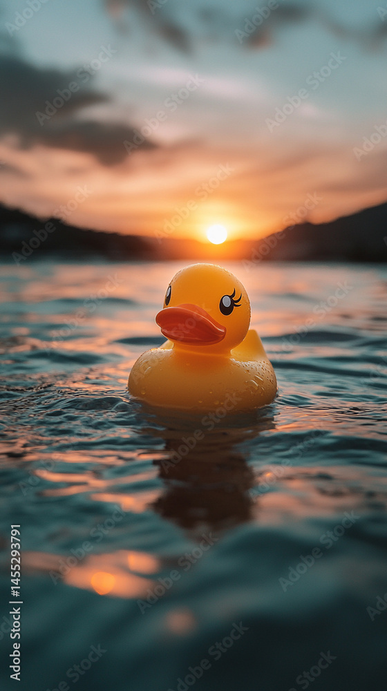 A lone rubber duck floats gently in the vast ocean, symbolizing childhood innocence, vulnerability, and resilience amidst the unpredictable and overwhelming forces of nature.