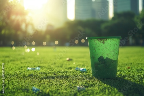 Green trash bin on a sunlit park lawn, surrounded by scattered litter and city skyline backdrop