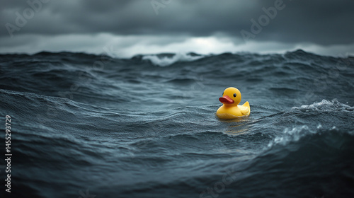 A lone rubber duck floats gently in the vast ocean, symbolizing childhood innocence, vulnerability, and resilience amidst the unpredictable and overwhelming forces of nature.


