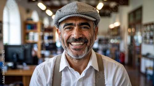 Smiling, mature man with a newsboy cap, suspenders, and a friendly expression in an office setting