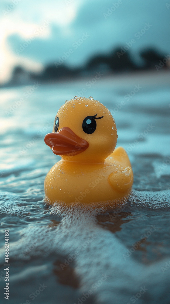 A lone rubber duck floats gently in the vast ocean, symbolizing childhood innocence, vulnerability, and resilience amidst the unpredictable and overwhelming forces of nature.