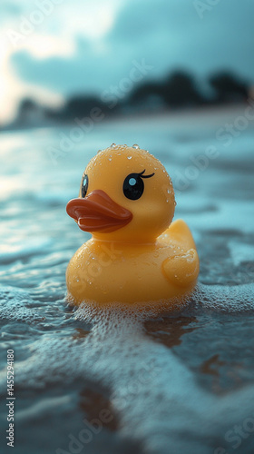 A lone rubber duck floats gently in the vast ocean, symbolizing childhood innocence, vulnerability, and resilience amidst the unpredictable and overwhelming forces of nature.

