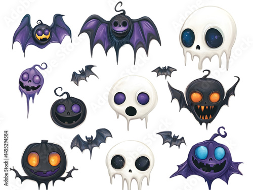 Halloween Cartoon Isolated Illustration of Bats Skulls and Pumpkins