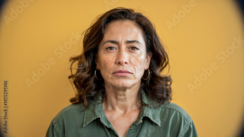 A captivating portrait of a serious middle-aged woman with a direct gaze, looking intently.
