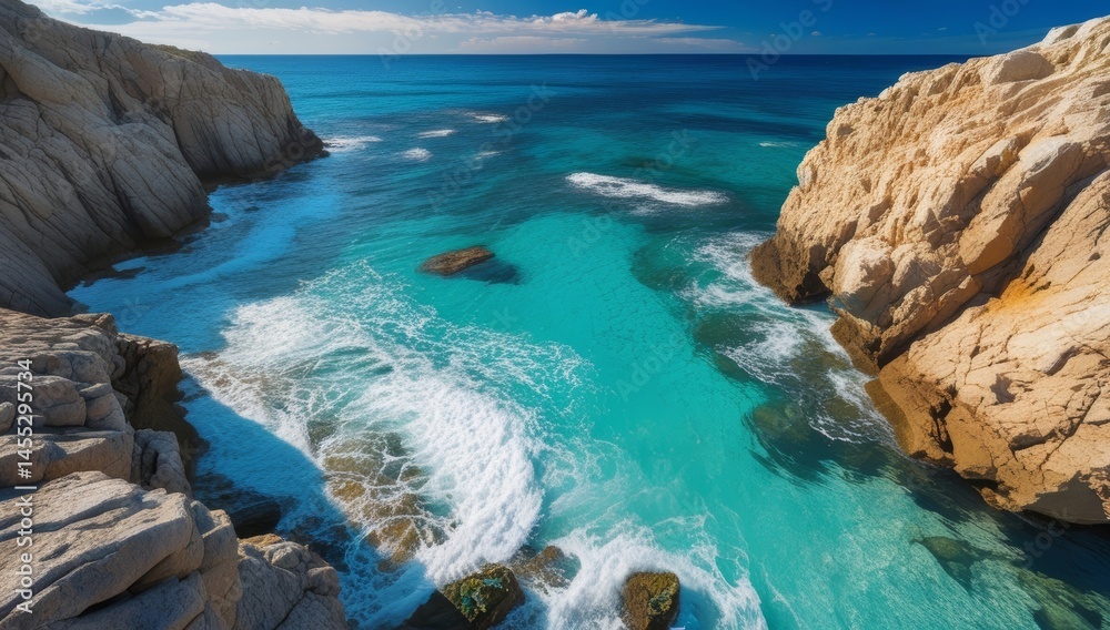 Obraz premium Serene turquoise sea between rocky cliffs on a sunny day capturing coastal beauty