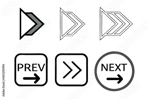 Set of black and white previous and next arrows with different directional styles, ideal for navigation buttons and UI design button icon set