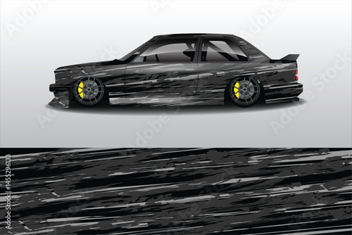 Sleek black car with racing stripes on a gradient background
